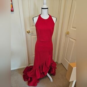 Betsy & Adam Scuba Crepe Red High Low Evening Gown